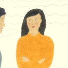 An illustration of a woman in a grey shirt talking to a woman in an orange shirt who is someone she ...