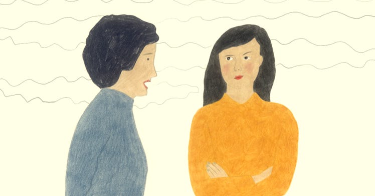 An illustration of a woman in a grey shirt talking to a woman in an orange shirt who is someone she ...