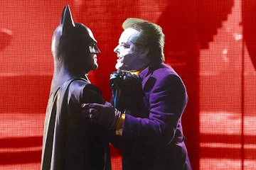 Batman holding Joker by the lapels in Tim Burton's 'Batman'