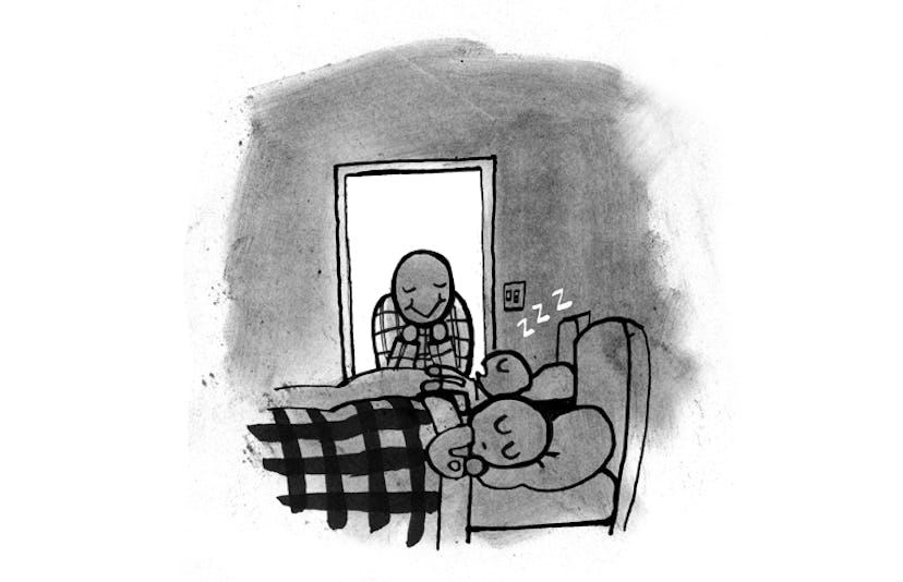 A sketch of a parent checking in on their sons at bedtime for Seth Fishman's "Our Love is Bigger tha...