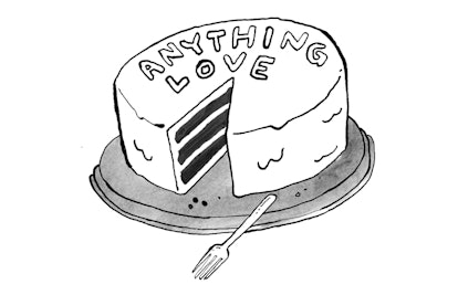 A sketch of a cake with one piece cut out and "anything love" on it for Seth Fishman's "Our Love is ...