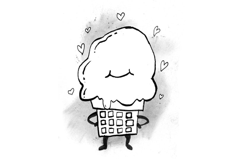A sketch of an ice-cream with a smile surrounded by hearts for Seth Fishman's "Our Love is Bigger th...