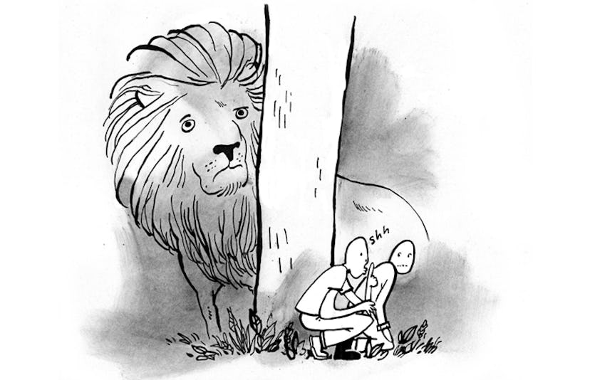 A sketch of two people playing hide-and-seek with a lion for Seth Fishman's "Our Love is Bigger than...