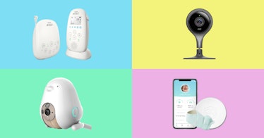 Video baby monitors and wifi baby monitors against a multi-colored backdrop