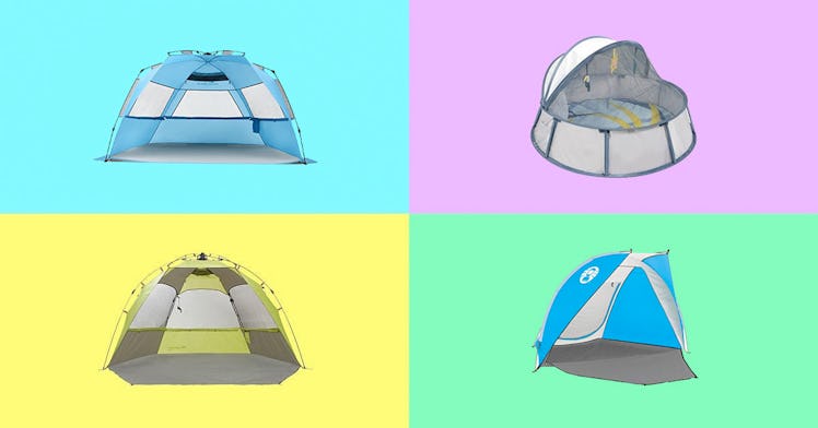 Beach tents and pop-up baby and toddler tents set against a multi-colored background