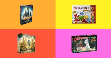 4 different family board games are isolated on a multicolored background