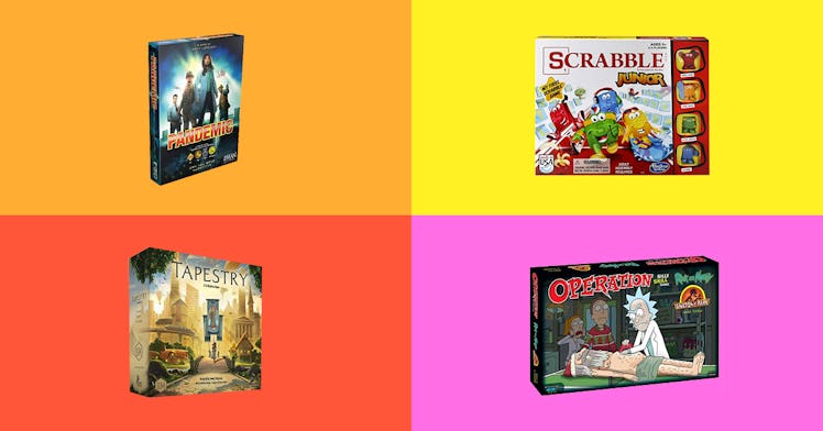 4 different family board games are isolated on a multicolored background