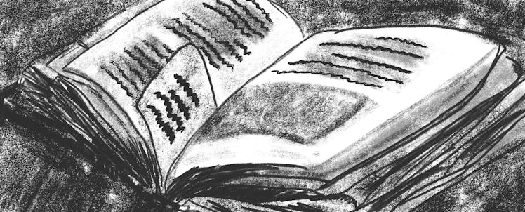 Illustrated black-and-white photo of an open book of a romance novel