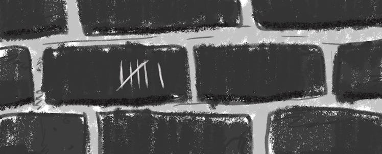 An illustration of a brick wall and one brick a tally on it, counting six