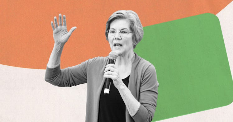 Elizabeth Warren speaking into a microphone