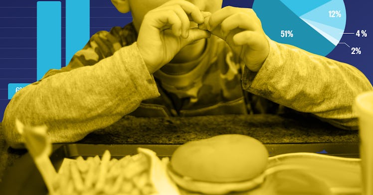 A boy eating a hamburger and fries because his family relies on fast food
