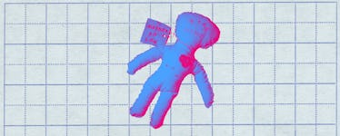 A voodoo doll with pins in it, with a tag that reads 'mother-in-law'