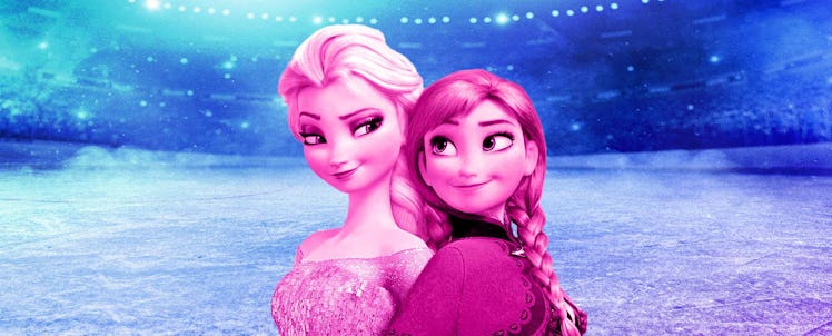 Anna and Elsa from Frozen on an ice rink