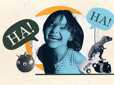 photo collage of a laughing girl surrounded by funny joke images, including a tomato with googly eye...