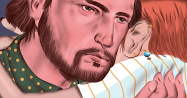 close up shot illustration of a man hugging a boy