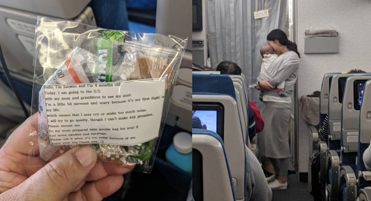A collage of a mom holding a gift bag and a passenger holding her baby