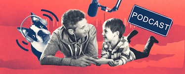 一个成年人和一个孩子在红色背景下一起听播客的拼贴照片