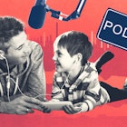 photo collage of an adult and a kid listening to a podcast together against a red background