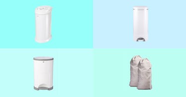 Four diaper pails set against blue backgrounds.