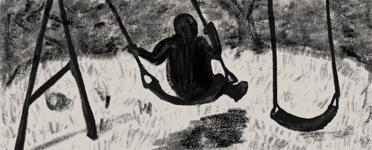 A drawing of a creature swinging on a swing