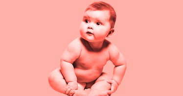 sepia edit of a chubby baby seated on the floor