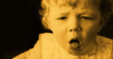 sepia edit of 2-year-old baby coughing