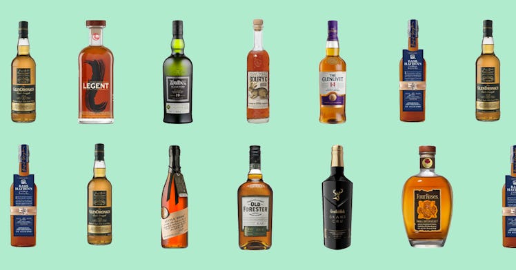Collage of bourbon, rye, single malt, scotch, & more bottles