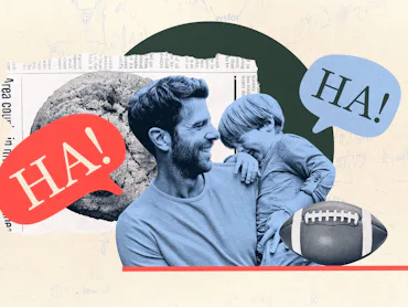 photo collage of a father and son laughing at corny jokes, framed by speech bubbles that say HA!