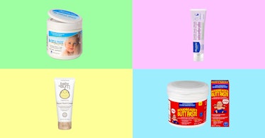 Diaper rash creams and ointments against a multi-colored grid.