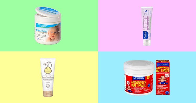 Diaper rash creams and ointments against a multi-colored grid.