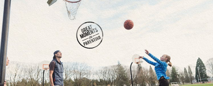 A father and his daughter playing basketball together. Great moments in parenting logo next to them