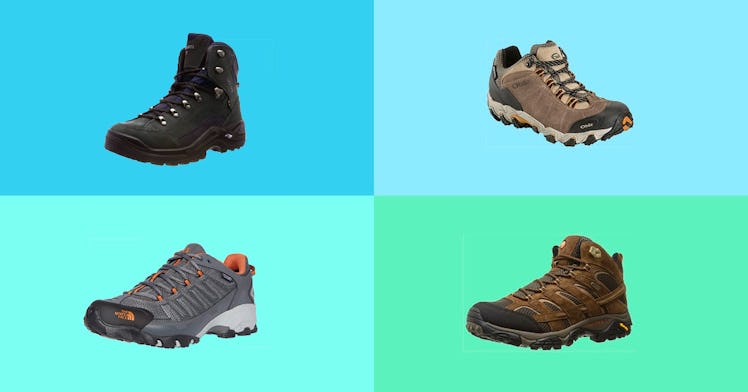 a colorful photo grid showing four different hiking boots for men, against blue and green background...