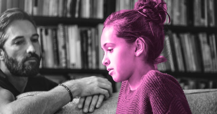 pink photo edit of a teenage girl at home talking about body image issues to an attentively listenin...