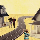 illustration of a child waving to grandparents as they walk into their home