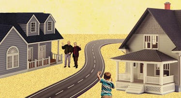 illustration of a child waving to grandparents as they walk into their home