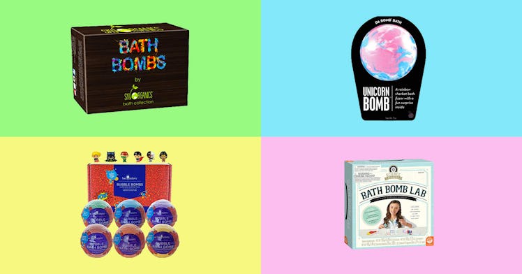 Bath bombs for kids set against a multi-colored background.