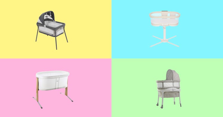 Infant sleepers and baby bassinet rockers set against a multi-colored backdrop.