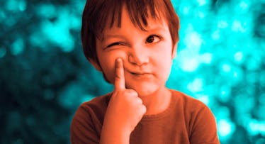 5-year-old kid pressing pointer finger to cheek after hearing brain teaser riddle