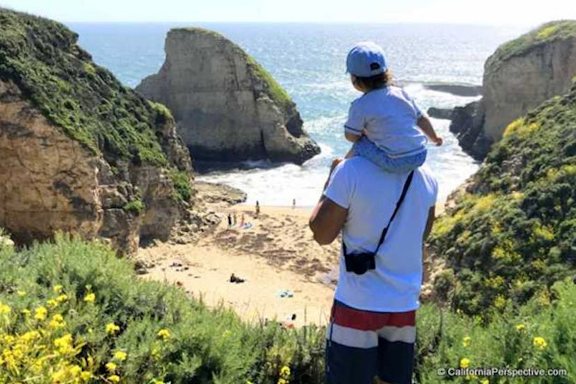 A father holding his son on his shoulders while standing near a beach