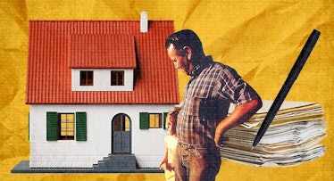 Collage of a house, a pile of files and a dad