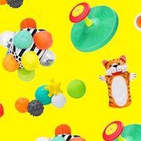 Sensory toys set against a yellow backdrop.