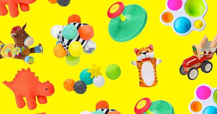 Sensory toys set against a yellow backdrop.