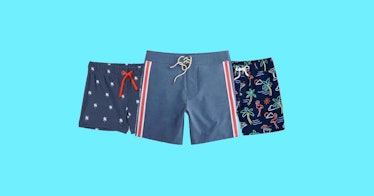 three pairs of men's swim trunks, set against a turquoise background