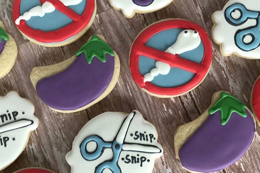 Vasectomy-Themed Sugar Cookies with vasectomy-themed frosting drawings