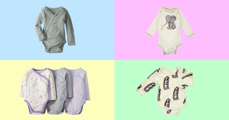 Newborn onesies set against a colorful background