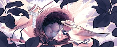 拼贴画的两只鸟看着他们的蛋在一个巢