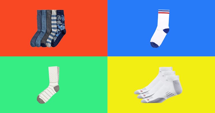 4 of the best mens socks are highlighted on a four colored back drop