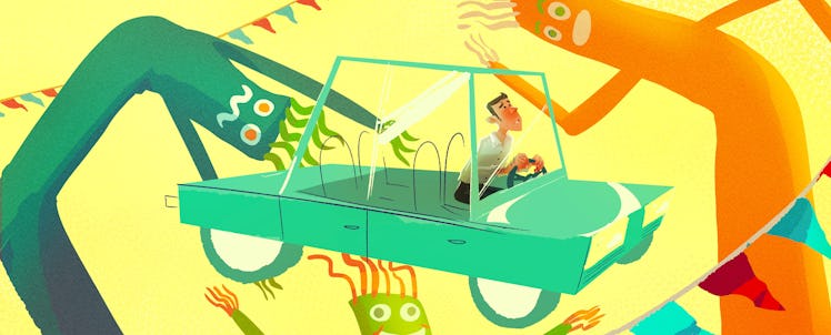 Illustration of a man driving a cartoonish green car