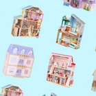 Wood dollhouses for kids set against a blue backdrop.