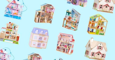Wood dollhouses for kids set against a blue backdrop.